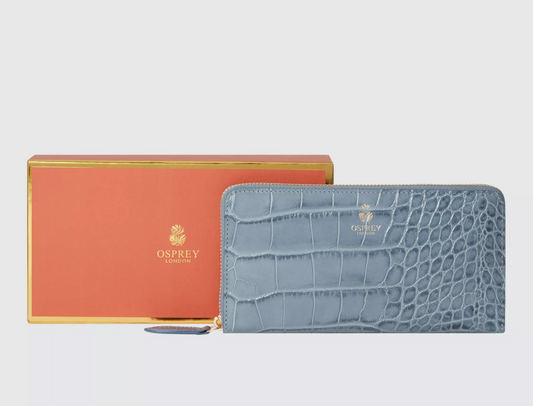 Blue crocodile-patterned wallet with an orange box on a light gray background