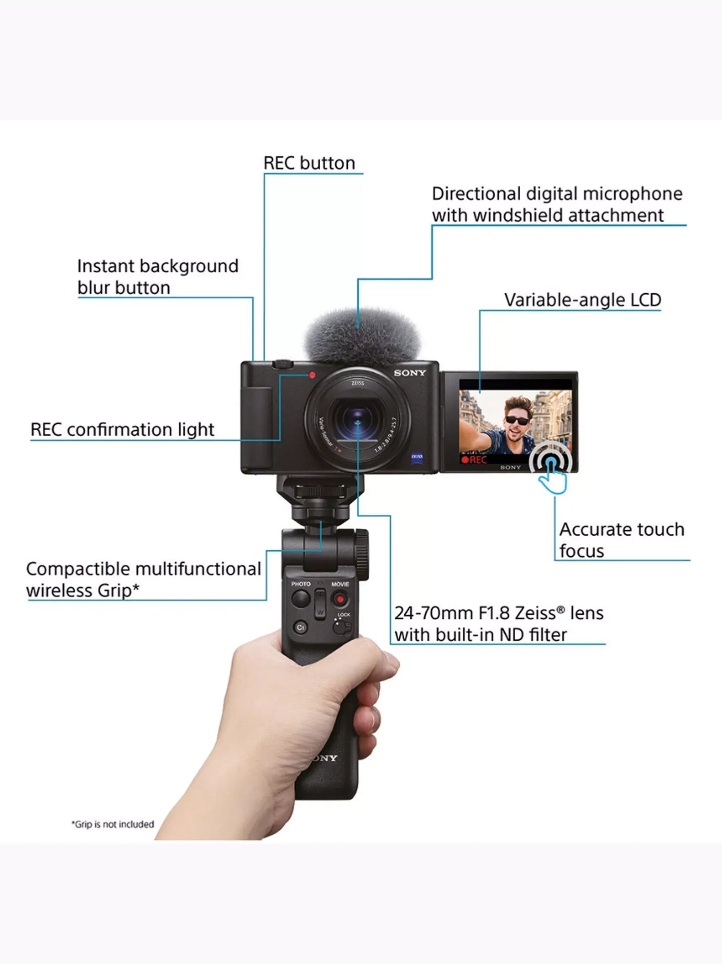 Sony ZV-1 Compact Digital Camera with 24-70mm Lens, 2.7x Optical Zoom, 4K Ultra HD, 20.1MP, Wi-Fi, Bluetooth, 3” Vari-Angle Touch Screen, Black