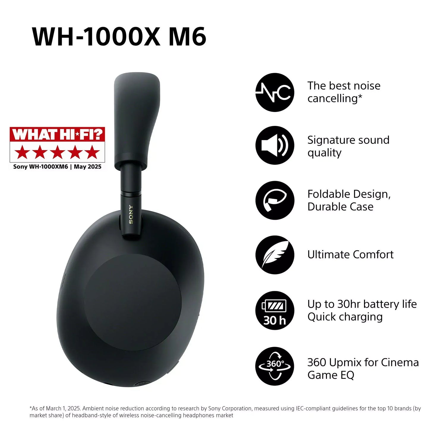 Sony WH-1000XM6 Noise Cancelling Wireless Bluetooth High Resolution Audio Over-Ear Headphones with Mic/Remote, Black